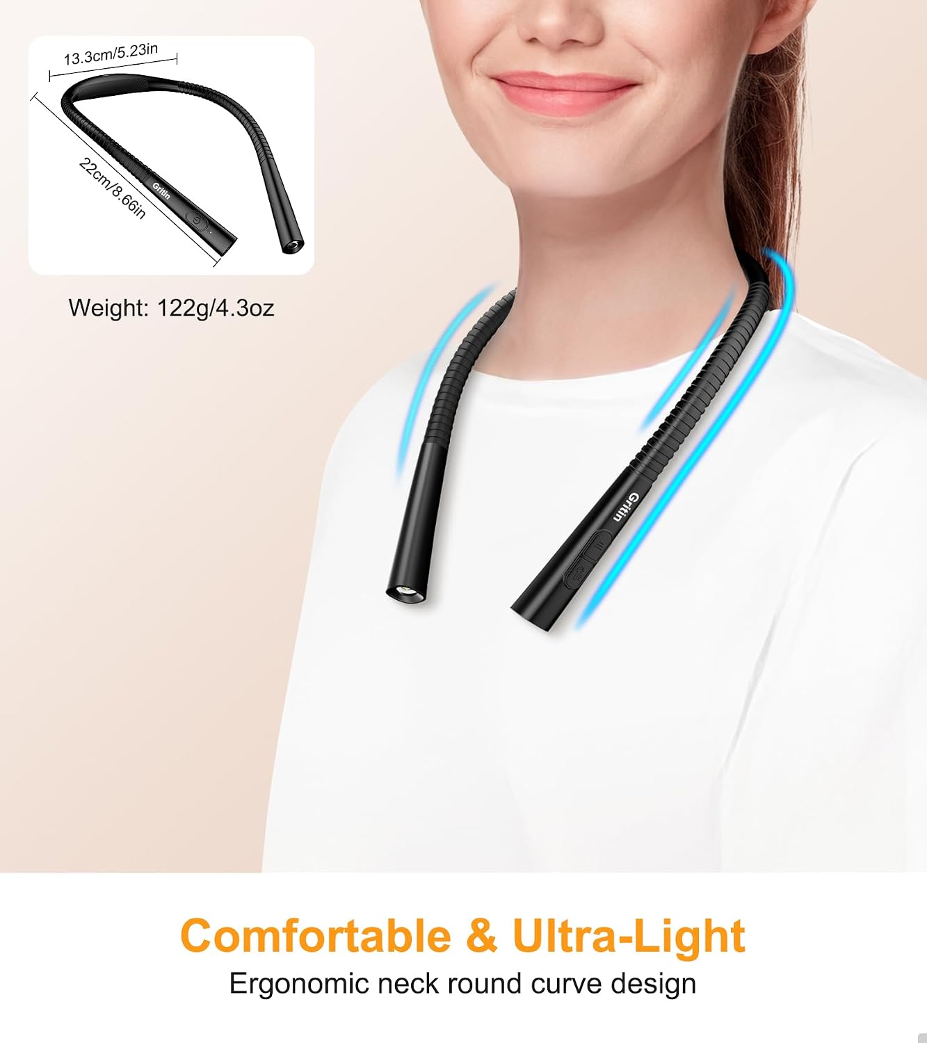 Gritin Book Light, Eye Caring 4-Color&5-Brightness Neck Light Reading Light | Stepless Dimming, 30-min Timer, 80+ Hrs Runtime, Bendable Round Neck Design, Lightweight for Reading, Knitting, Repairing
