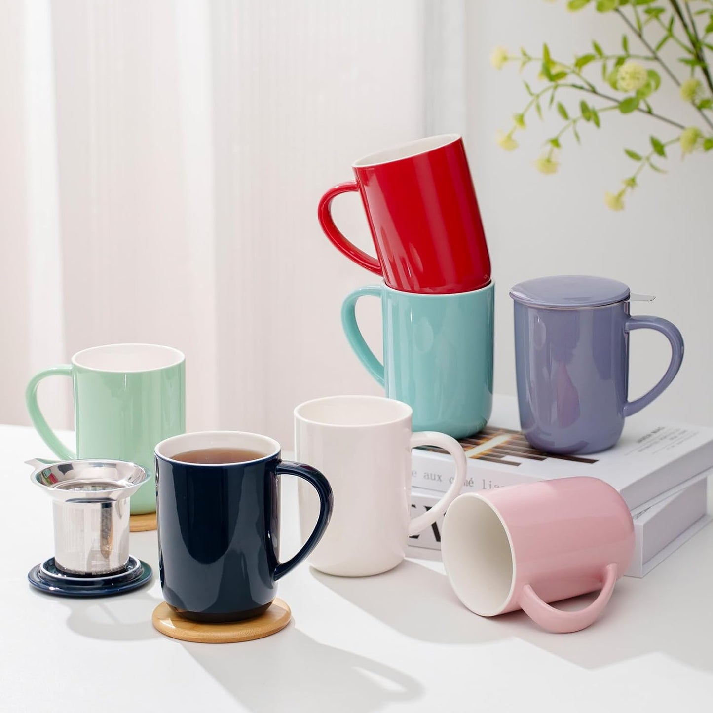 CEEFU 16oz Porcelain Tea Mug with Infuser, Lid and Coaster | Teaware with Filter, Loose Leaf Tea Cup Steeper Maker, Tea/Coffee/Milk/Women/Office/Home/Gift, Navy Blue