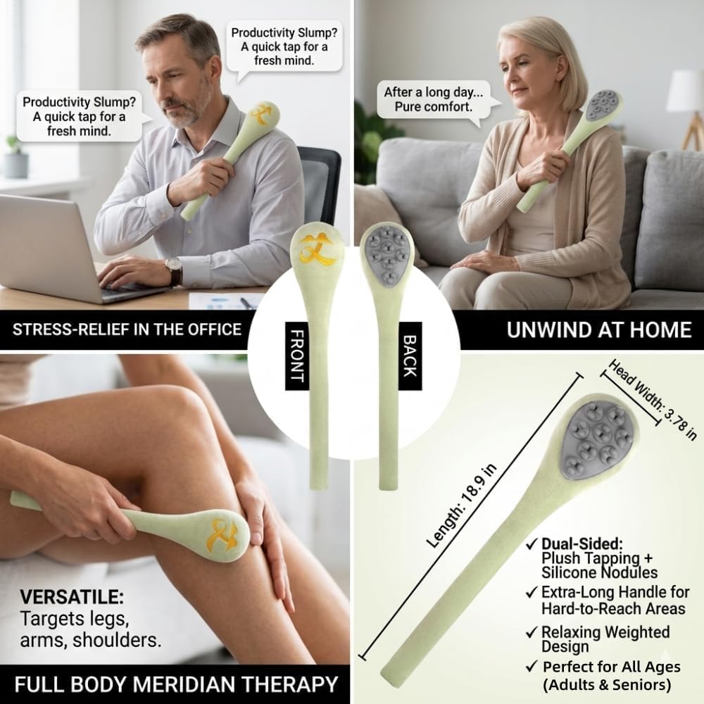 Manual Back Massager & Meridian Pat Stick, Extended Handle Body Percussion Tool for Seniors & Adults, Flexible Relaxing Hammer for Neck, Shoulder, Legs, Home & Office Use