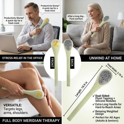 Manual Back Massager & Meridian Pat Stick, Extended Handle Body Percussion Tool for Seniors & Adults, Flexible Relaxing Hammer for Neck, Shoulder, Legs, Home & Office Use