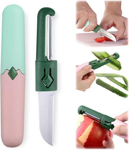 2 in 1 Paring Peeler Knife Multifunctional Stainless Steel Peeler,Creative Fruit and Vegetable Dual-Use Peeler Knife, Outdoor Portable Safety Cover Peeling Fruit Peeler, Kitchen gadgets (pink)