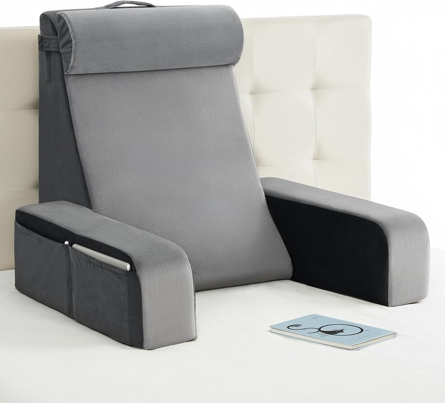 Vekkia 21" Reading Pillow for Bed with Adjustable Arms and XL Side Pockets | 60° Wedge Back Support, Washable Cover, Support Chair for TV, Gaming, Working, Nursing, Recovery in Bed & Floor, Black/Gray