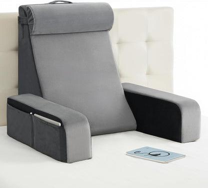 Vekkia 21" Reading Pillow for Bed with Adjustable Arms and XL Side Pockets | 60° Wedge Back Support, Washable Cover, Support Chair for TV, Gaming, Working, Nursing, Recovery in Bed & Floor, Black/Gray