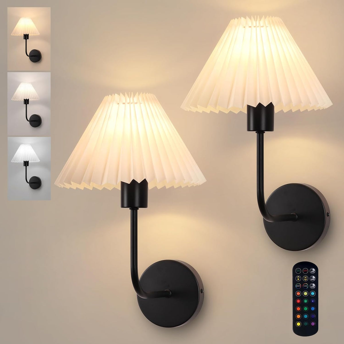 Rechargeable Battery Operated Wall Sconce Sets of 2, 15 Colors Wireless gooseneck Black Wall Lights Fixture with Dimmable Bulbs and Remote, Not Hardwired Wall Mounted Lamps for Bedroom Living Room