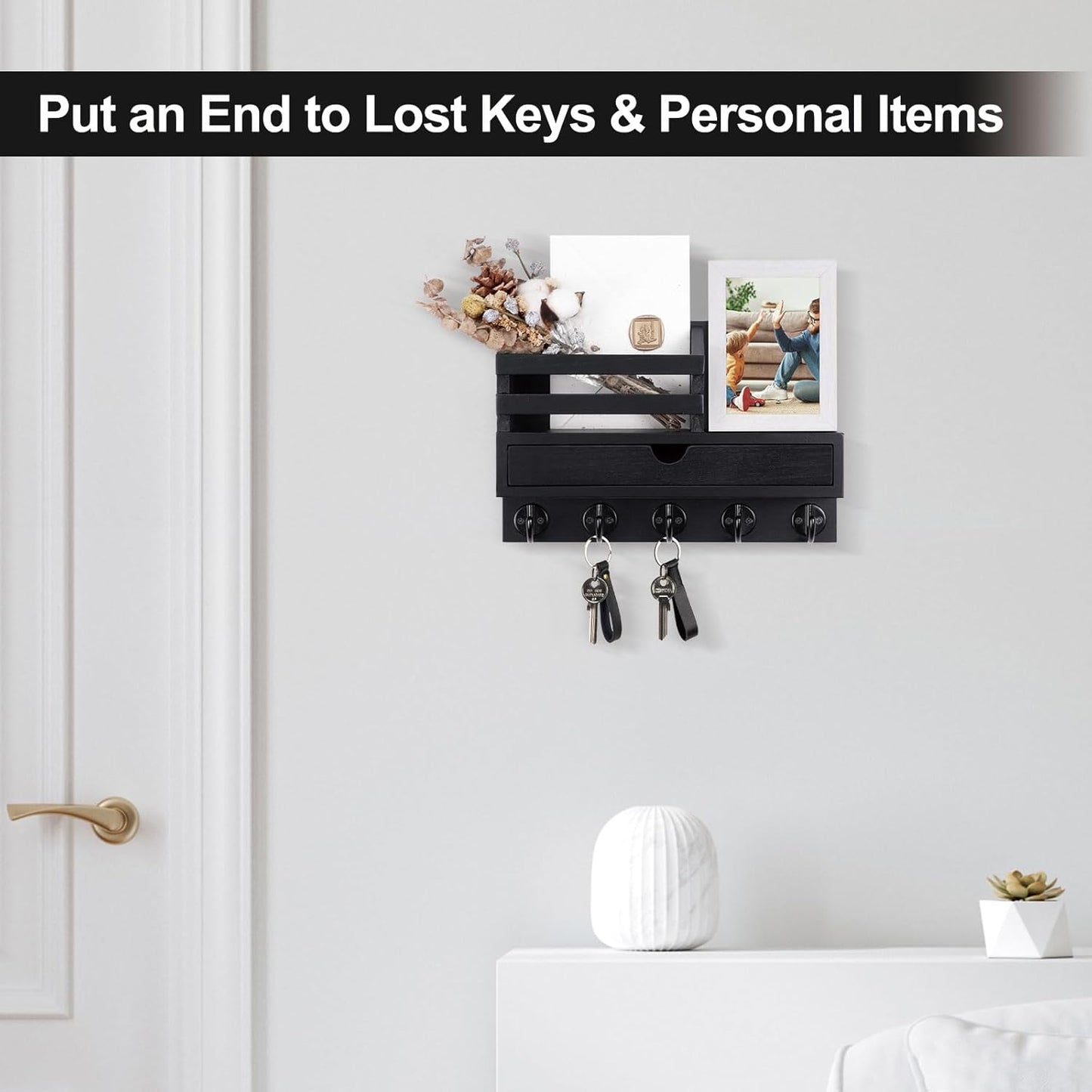 Key Holder Wall Mount, Mail Holder with Storage Drawer | Key and Mail Holder with 5 Key Hooks for Coat, Dog Leash, Home Decor Rack, House Accessories, Entry Way Organizer