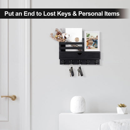 Key Holder Wall Mount, Mail Holder with Storage Drawer | Key and Mail Holder with 5 Key Hooks for Coat, Dog Leash, Home Decor Rack, House Accessories, Entry Way Organizer