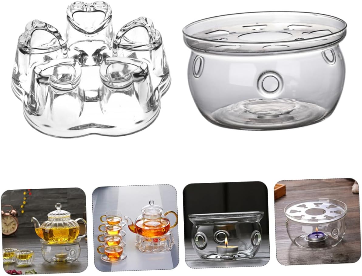 PRETYZOOM 2pcs Borosilicate Glass Teapot Warmer with Round Heart-Shaped Bases Practical Tea Heater Stand for Home Office Heat Preservation Without Candle
