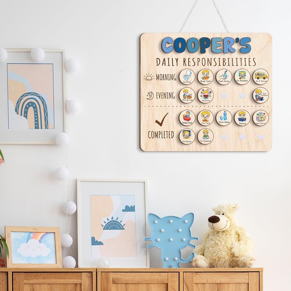 Daily Routine Chart for Kids, Visual Schedule, Routine Chart for Toddlers 3-5, Morning Bedtime Routine Chart for Toddlers, Wooden Chore Chart for Kids