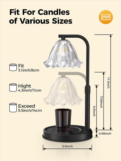 Flower Candle Warmer Lamp with Timer - Adjustable Height for Jar Candles | Metal and glass candle warmer with 4 brightness levels, 2/4/8-hour timer, adjustable 7.08-11.1 in pole and two 50W bulbs