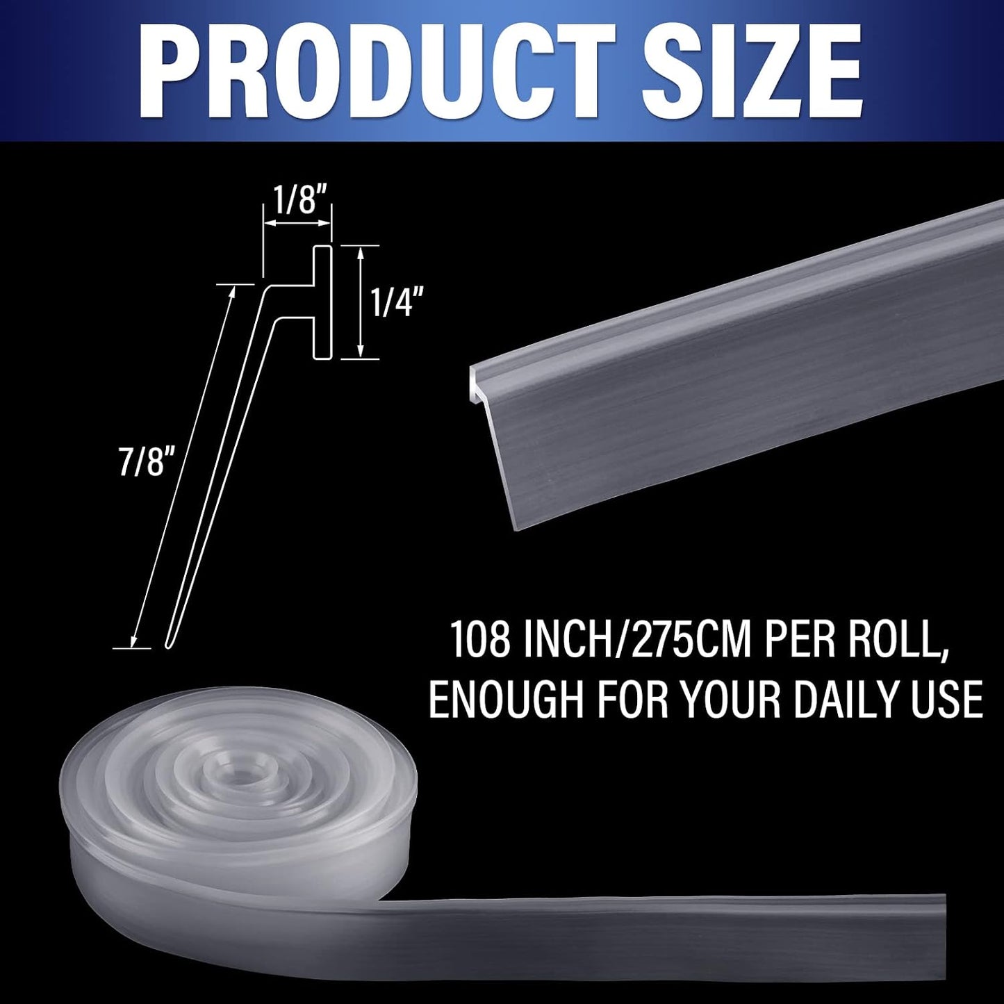 Treela 108-Inch 1" T-Slot Shower Door Seal Strip | Flexible silicone blocks leaks/splashes and replace old, cracked, loose, or missing door sweeps