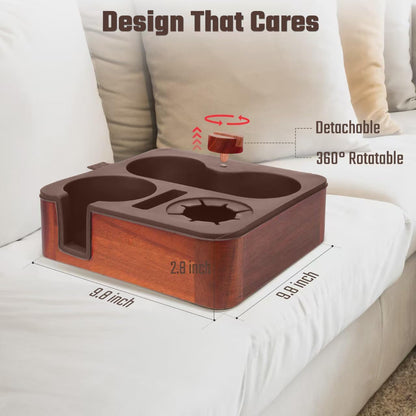 Couch Cup Holder Tray, Real Acacia Wooden Caddy with Soft Silicone, Snack and Drink Organizer- Perfect Movie Night Accessories for Bed, Remote and Cup Holders for Sofa (Black)