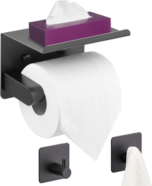 WDFAACK Chrome Toilet Paper Holder with Shelf for Extra Storage, 2-in-1 Wall Mounted Bathroom Tissue Stand for Cell Phone and Small Items