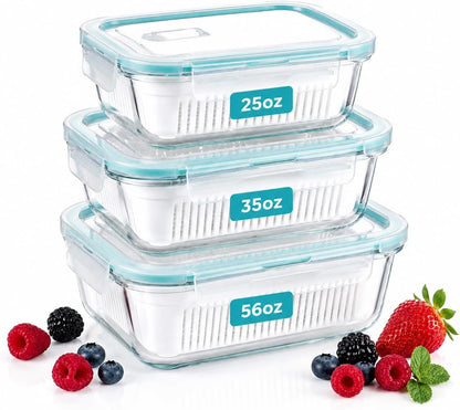 Glass Berry Container for Fridge, 3 Pack, 56oz 35oz 25oz, with Removable Colander and Vent Valve, Fresh Produce Storage Set