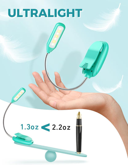 Monotremp Rechargeable Book Lights for Reading at Night, Clip-On 3 Colors | Eye-caring ultralight clip-on, stepless dimming, no flicker, amber mode, 80H runtime, 1.3oz, memory, gift for book lovers.
