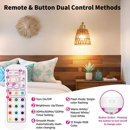 Boho Battery Operated Wall Sconces, Rattan Wall Sconce Set of 2 with Remote, RGB 15 Colors Dimmable Rechargeable Wall Light, Black Indoor Wireless Wall Lamp, Farmhouse Rattan Wall Lighting for Bedroom