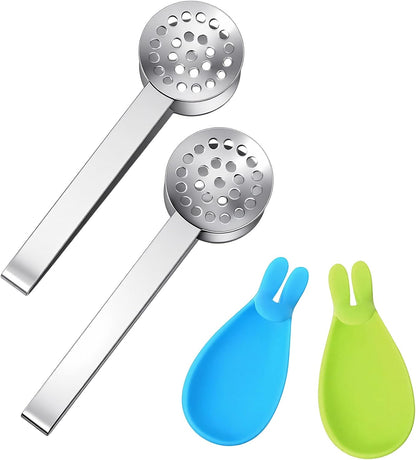 4PCS Stainless Steel Tea Bag Squeezer with Bunny Silicone Tea Bag Holders, 6inch Round Teabag Squeezer Strainer Clips Sugar Ice Cube for Kitchen Bar Tools