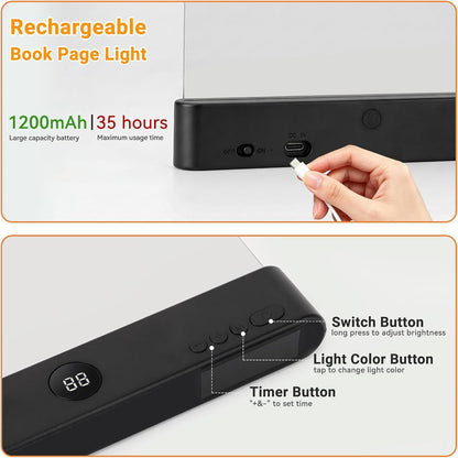 Amber Book Light, Rechargeable Clear LED Flat Reading Light with 3 Colors & Timer, Dimmable Panel Plate Lamp Book Full Page Light for Reading in Bed at Night, Funny Gifts for Readers Book Lovers