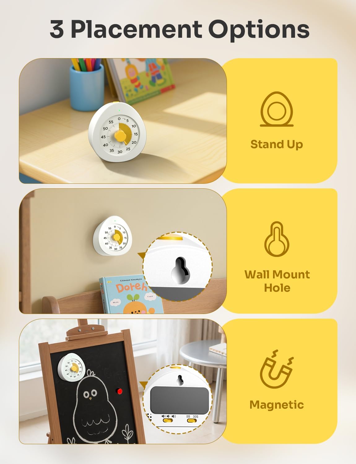 LIORQUE Visual Timer for Kids with Pause, 60 Minute Countdown Timer, White | Non-Ticking, 3 Volume Levels, Back Magnetic, Two Ringing Durations, Light Indicator, for Classroom Kitchen Office ADHD