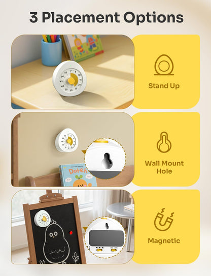 LIORQUE Visual Timer for Kids with Pause, 60 Minute Countdown Timer, White | Non-Ticking, 3 Volume Levels, Back Magnetic, Two Ringing Durations, Light Indicator, for Classroom Kitchen Office ADHD