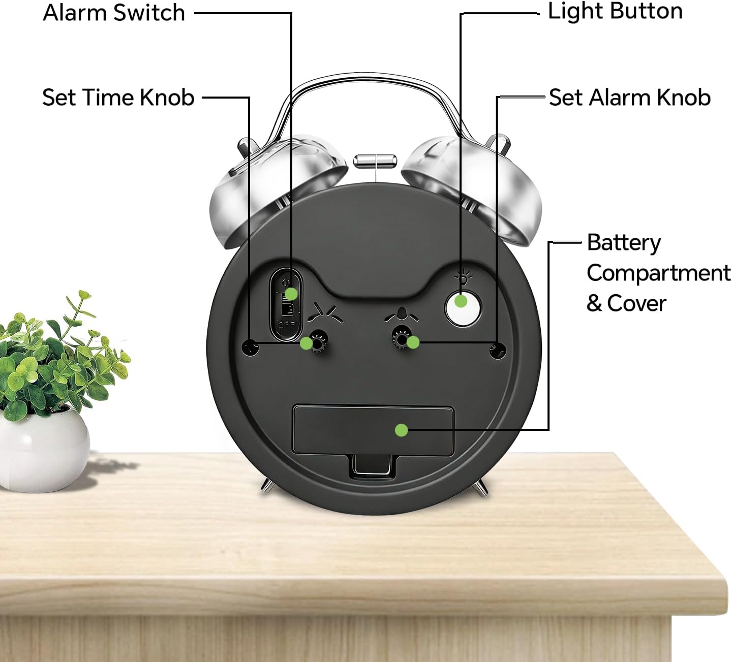 4.5" Metal Loud Alarm Clock for Heavy Sleepers Adults, Analog Battery Operated Alarm Clock with Bells Glow in Dark Numbers, Silent Old School Bedside Desk Clock for Bedroom Office Kids, Black