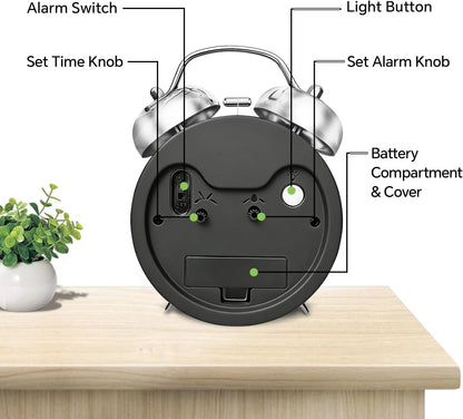 4.5" Metal Loud Alarm Clock for Heavy Sleepers Adults, Analog Battery Operated Alarm Clock with Bells Glow in Dark Numbers, Silent Old School Bedside Desk Clock for Bedroom Office Kids, Black