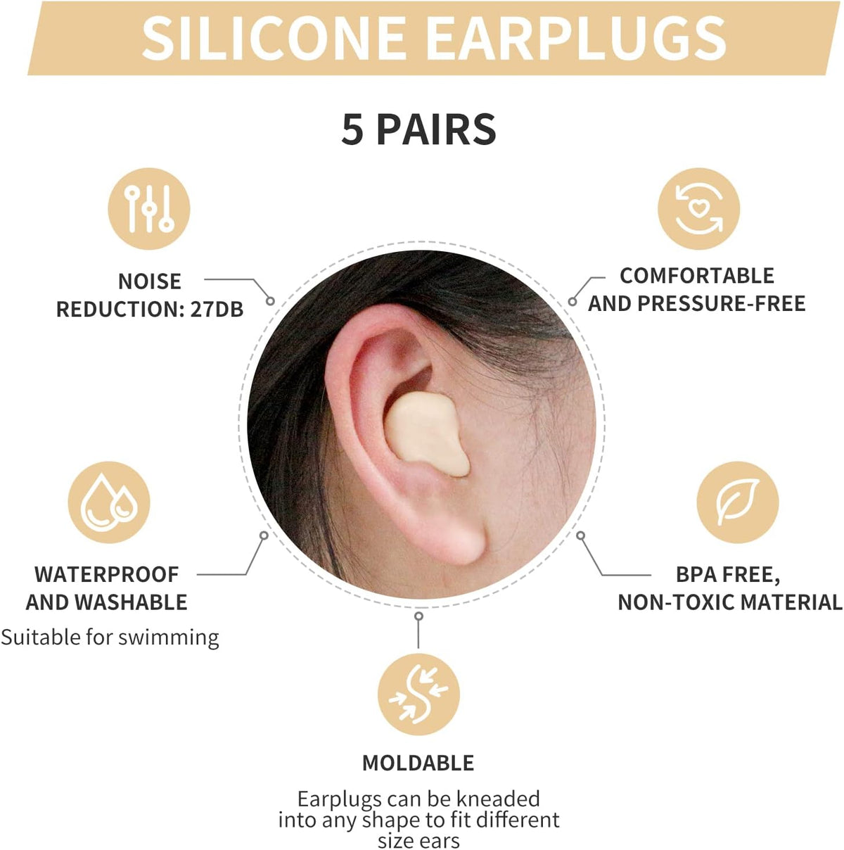 LYSIAN Moldable Silicone Ear Plugs for Sleep and Swim, 5 Pairs, Blue