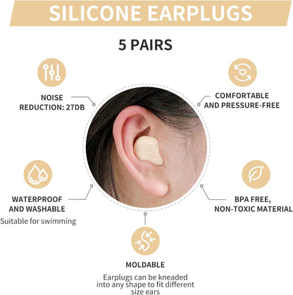 LYSIAN Moldable Silicone Ear Plugs for Sleep and Swim, 5 Pairs, Blue