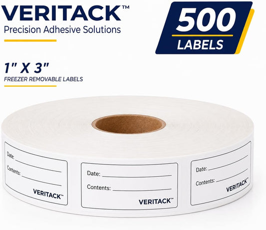 Veritack™ 1000 Removable Food Labels for Containers, 1" x 2", Freezer & Refrigerator Date Stickers, Easy to Write, No Residue, Meal Prep & Restaurant Use