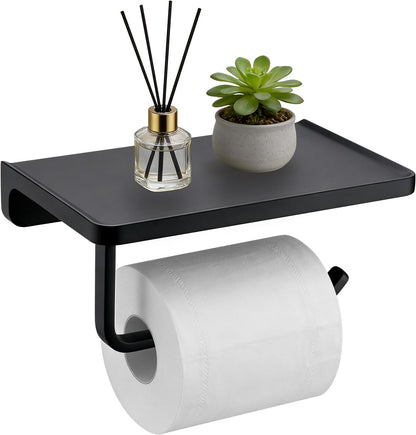 TRUSTMI Toilet Paper Holder with Phone Shelf, Zinc Alloy, Brushed Gold | Solid zinc alloy holder holds 15 lbs and fits jumbo rolls. Shelf stores phones and wipes for easy bathroom organization