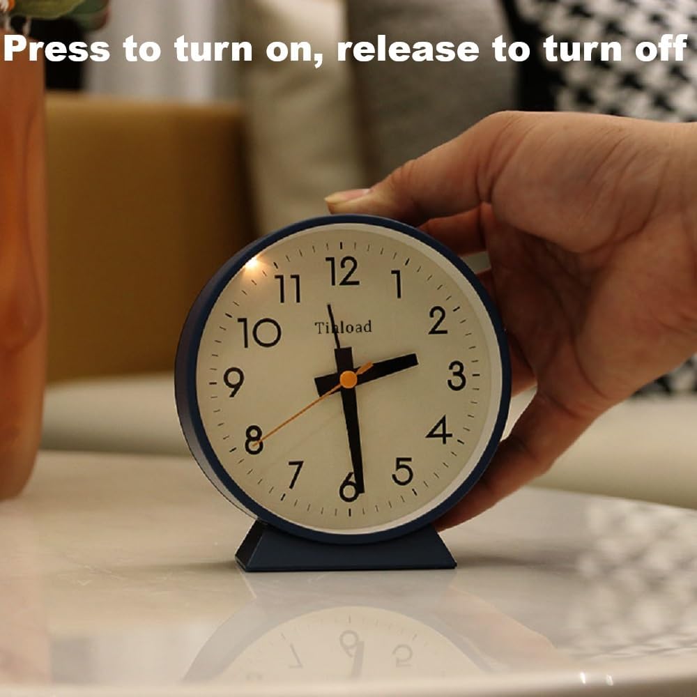 Tinload 4.5" Battery Operated Analog Alarm Clock, Small Silent Bedside Desk Clock with Night Light, Blue