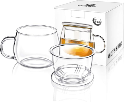 Glass Tea Infuser Cup with Lids and Handle for Blooming & Loose Leaf, 14oz | Borosilicate, Heat Resistance, Lead-free, Microwave & Dishwasher Safe