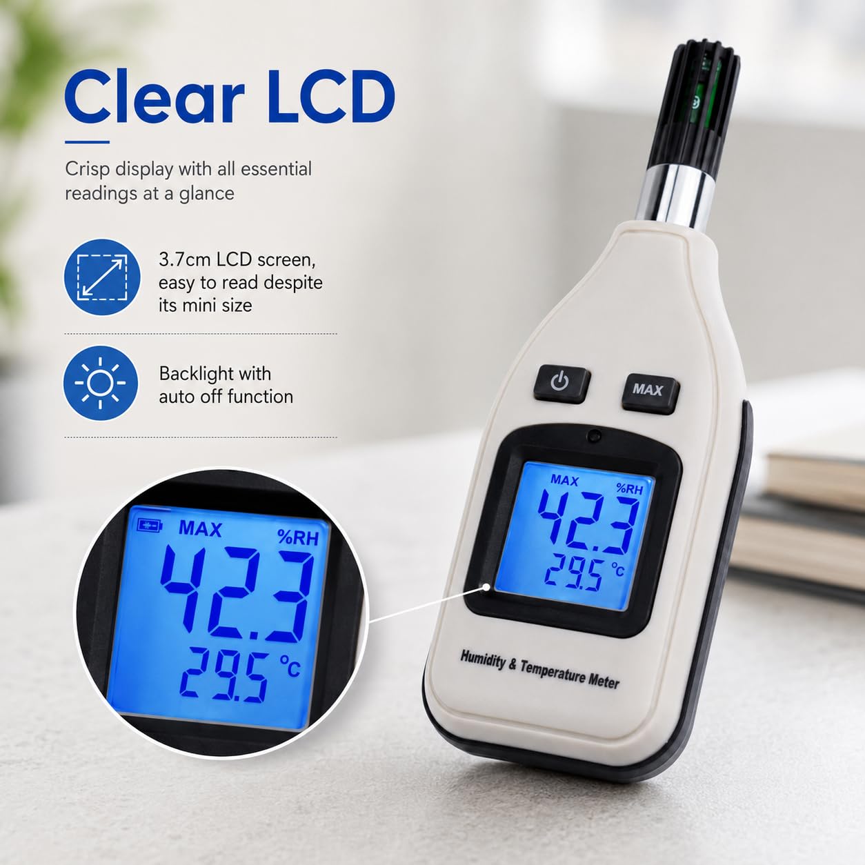 Handheld Digital Humidity & Temperature Meter 0~100% RH/ -30~70°C (-22~158°F) LCD Display Backlight Moisture Thermo Hygrometer Thermometer Small Tester Gauge for Home Kitchen Indoor Outdoor