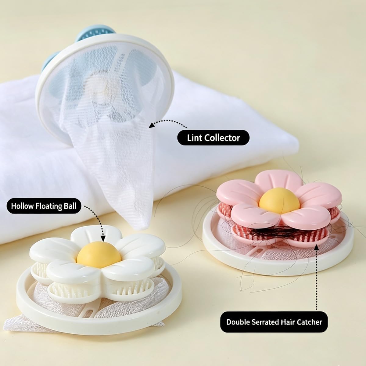 3 PCS Hair Filter Bag Floating Lint Catcher Machine Pet Hair Catcher | Flowers Cleaning Mesh Bag, Serrated Design Reusable Washing Hair Filter for Washing Dog Cat Hair Remover for Laundry