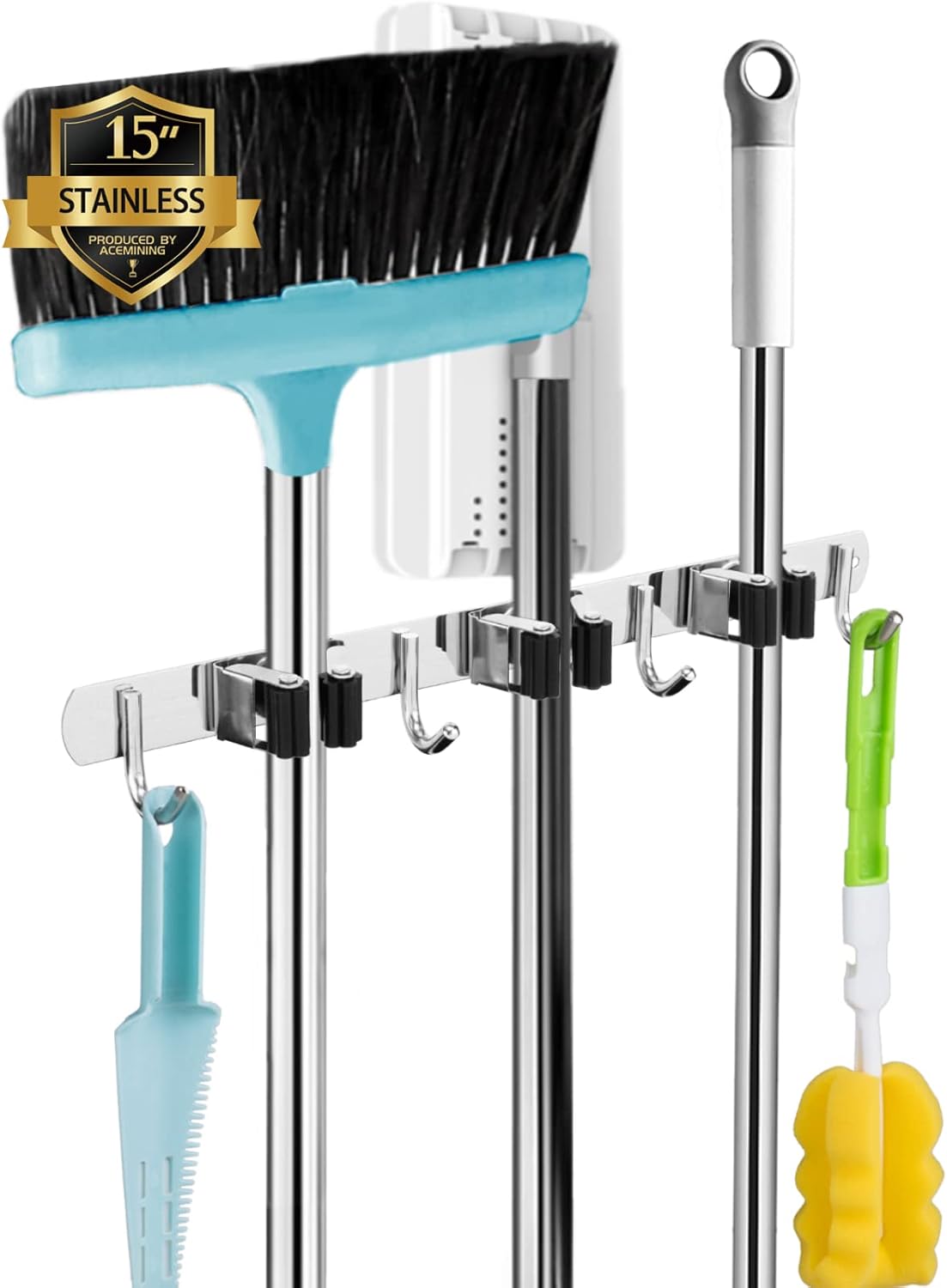 AceMining Broom Holder Wall Mount, 5 Racks 4 Hooks Heavy Duty Mop Organizer | Mop Holder Wall Mount and Broom Hanger for Garage, Laundry Room, Kitchen and Utility Storage