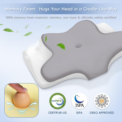 Cervical Neck Pillow, Memory Foam Pillows for Neck and Shoulder Pain Relief, 2 Heights Ergonomic Pillow with Breathable Ice Silk Cover, Neck Support Pillow for Side Sleepers White