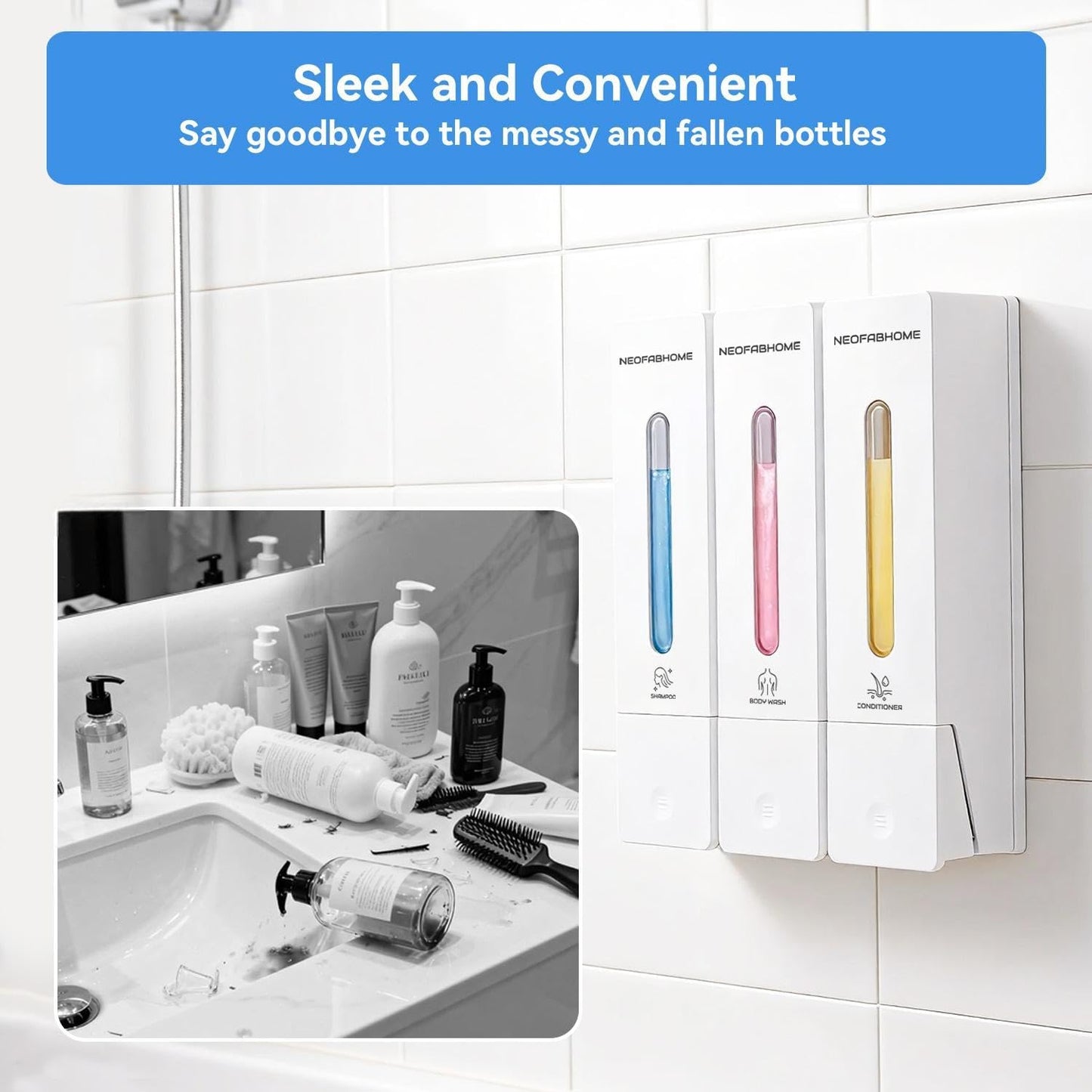 Shower Soap Dispenser Bathroom Accessories Set Wall Mounted No Drill | 3 Chamber Body Wash Shampoo and Conditioner Dispenser 1200ml Shampoo Bottles Holder Refillable with Pump for Hotel RV Laundry