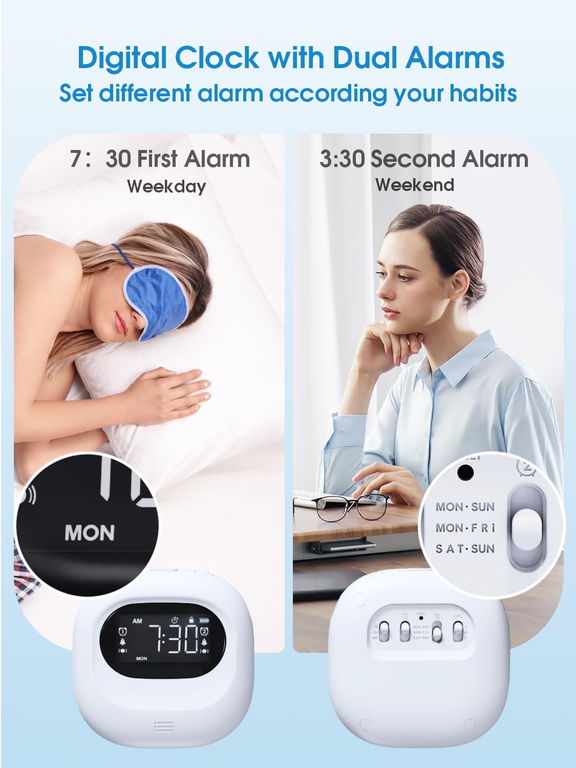 Vibrating Alarm Clock for Heavy Sleepers, Cordless Bed Shaker Clock Under Pillow for Teens, Deaf People, Adults, 3 Wake Modes, Rechargeable Battery Powered Travel Clock, Dual Alarm Clocks for Bedrooms