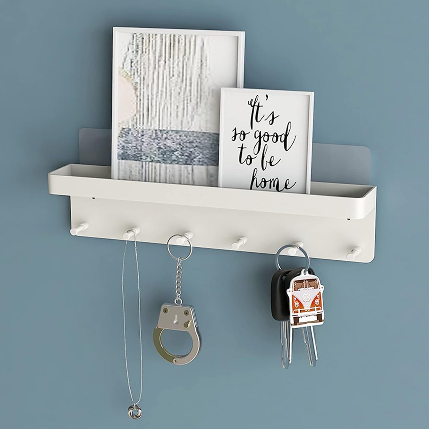 MKO Key Holder Wall Mount, Key Holder Wall Mount Adhesive with Mail Organizer Tray with 6 Key Hooks for Wall, Black | Metal Material, Key Rack with Shelf, Mail Organizer Tray for Entryway, Hallway, Living Room