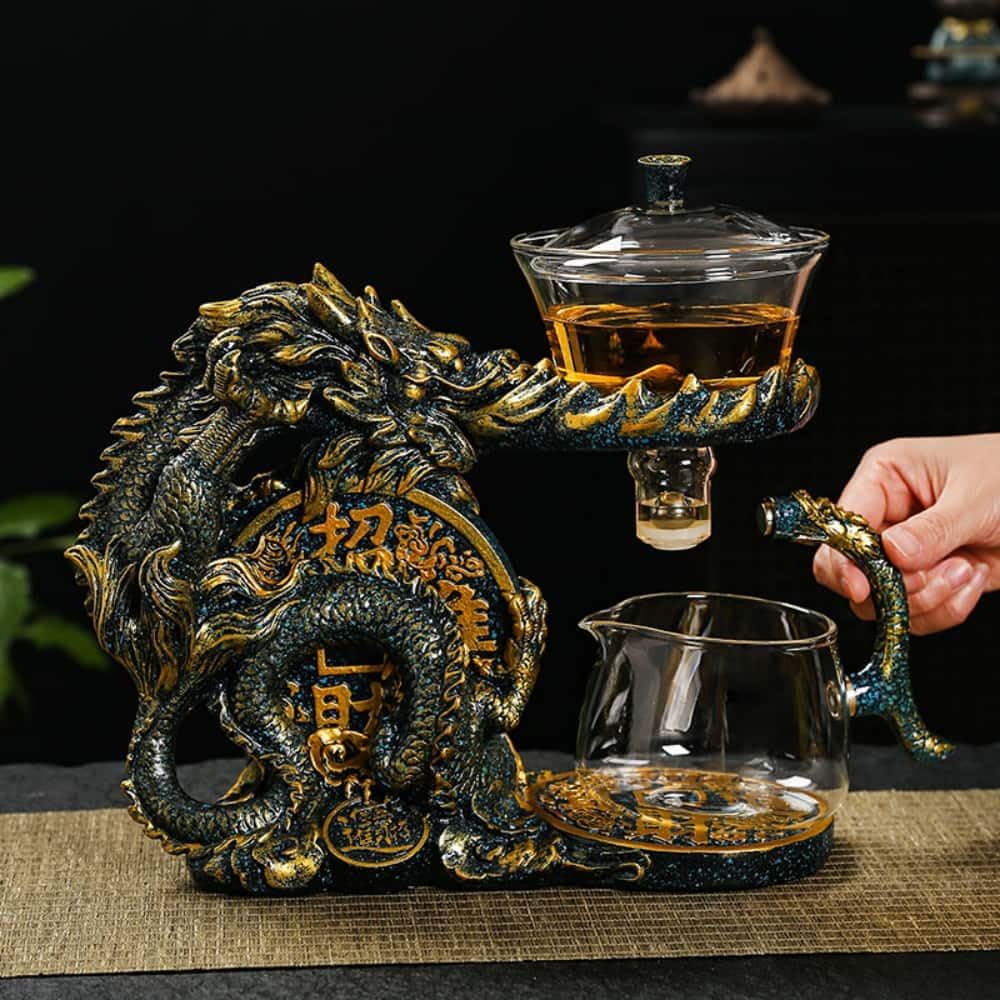 Glass Teapot Set with Infuser Semi Automatic Dragon Tea Set (Blue golden teapot)
