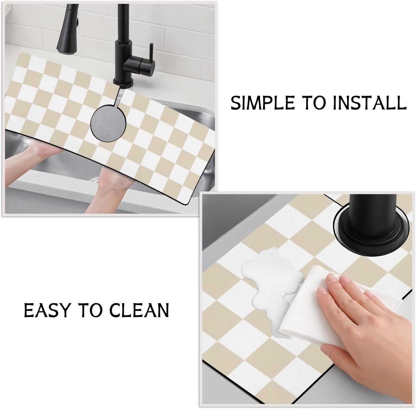 Light Brown White Checkered Kitchen Sink Splash Guard Faucet Mat,Faucet Non-Slip Absorbent Mat,Farmhouse Sink Splash Guard Behind Faucet for Kitchen Bathroom, 15"x5.5"