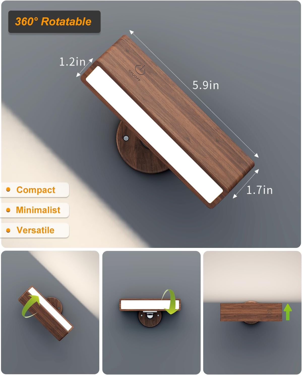 DetarZinLED Wall Lights Battery Operated Wooden,Magnetic Wall Sconces Rechargeable,Adhesive Wall Lights for Bedroom,Dimmable Wall Mounted Bedside Lamp,Cordless Battery Wall Sconce for Bedroom Reading