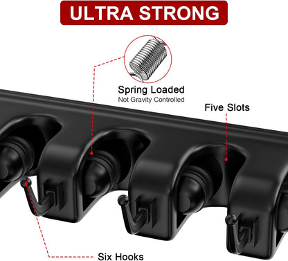 LETMY Broom Holder Wall Mounted - Mop and Broom Hanger Holder - Garage Storage Rack & Garden Tool Organizer - 5 Position 6 Hooks for Home, kitchen, Garden, Tools, Garage
