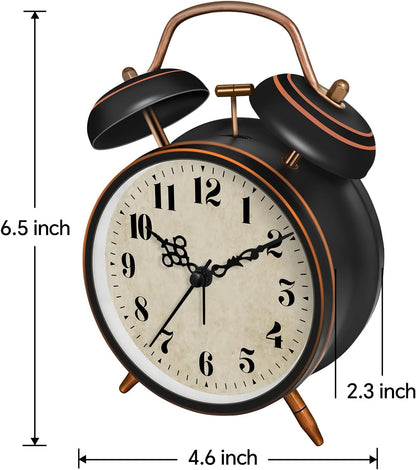 4.5" Metal Loud Alarm Clock for Heavy Sleepers Adults, Analog Battery Operated Alarm Clock with Bells Glow in Dark Numbers, Silent Old School Bedside Desk Clock for Bedroom Office Kids, Black