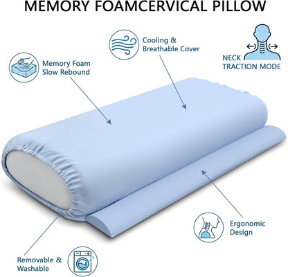 Ergonomic Cervical Neck Pillow, Memory Foam Travel Neck Support Pillow for Side, Back & Stomach Sleepers, Neck Roll Pillow for Pain Relief with Breathable Cover and Storage Bag