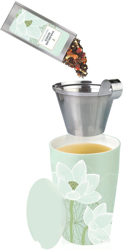 Tea Forte Double-Walled Ceramic Kati Cup, Noir, 12 oz | Insulated Ceramic - Stainless Steel Loose Leaf Infuser - Keeps Tea Hot Longer - Lid Included - Microwave & Dishwasher Safe