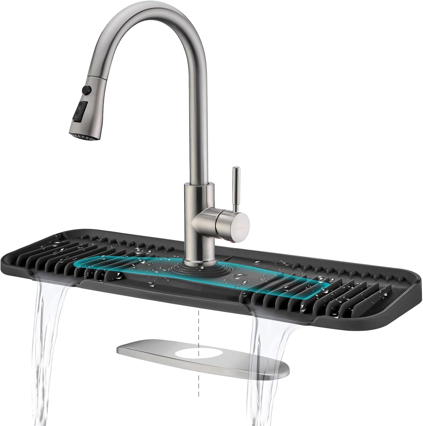 Kingmall 2nd Generation Silicone Faucet Mat, Kitchen Faucet Drip Catcher with Cuttable Circular Center for Kitchen Sink, Tailor-Made for Faucets with Deck Plate, Food Grade Silicone, Light Grey