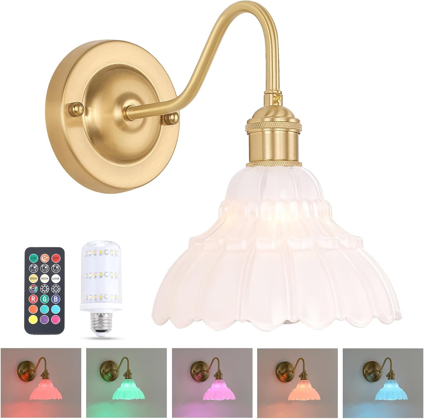 Shenmoyl Battery Operated Wall Sconce Wall Lamp with Green Lily of the Valley Shade Pattern Glass Adjustable Chain Retro Gold Wall Mounted Light, Modern Wall Lamp Fixtures Decor for Bedside Bedroom