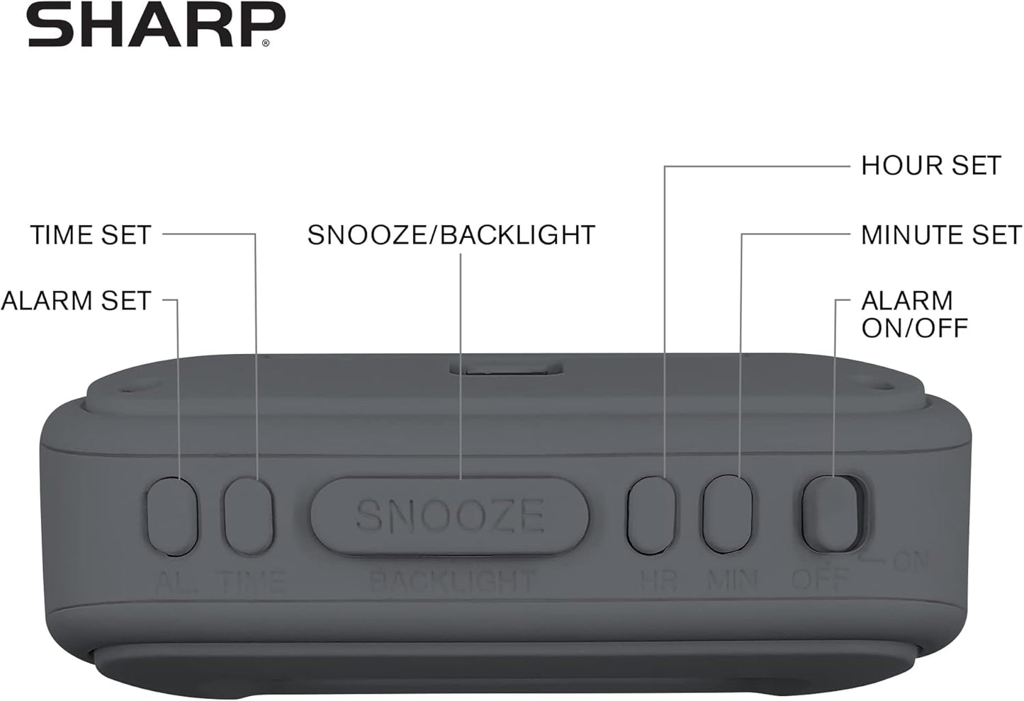 Sharp Battery Alarm Clock, Soft-Touch Case and Backlight, Charcoal Black | Soft-touch rubberized case; Battery operated; Blue backlight on demand; Ascending alarm; Snooze; Easy to use