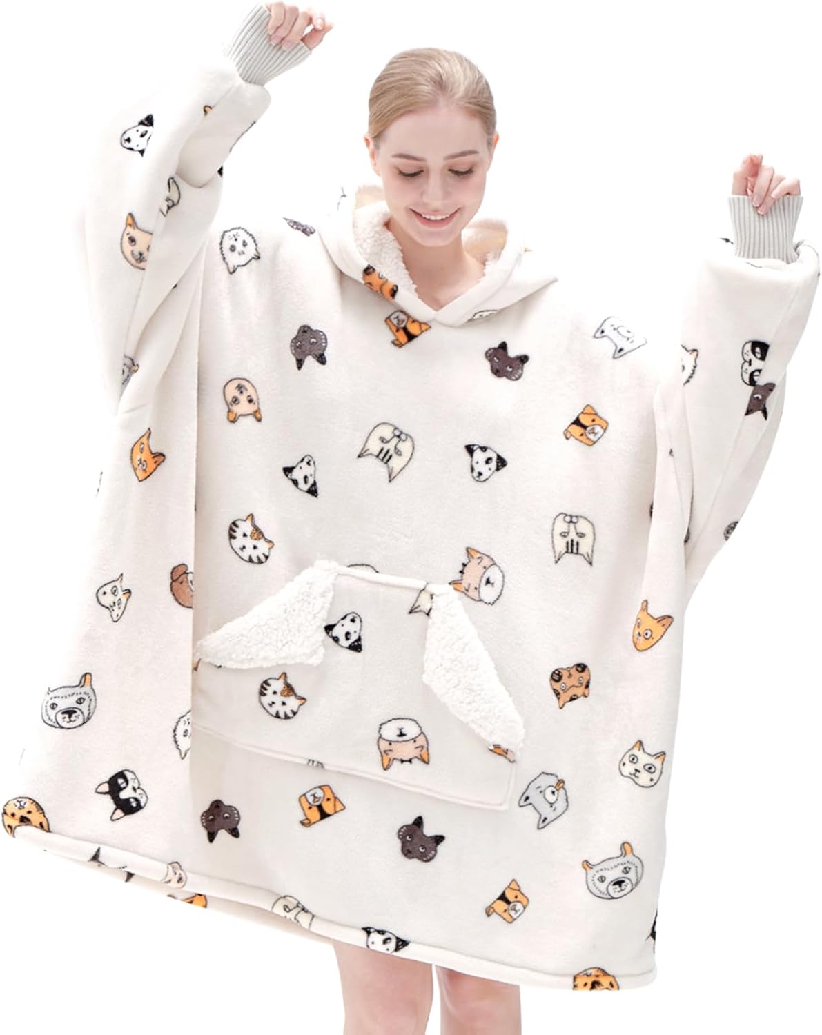 Wearable Blanket Hoodie, Oversized Sherpa Fleece Sweatshirt Blanket with Giant Hood Pocket and Sleeves for Adult, Warm & Cozy Grey Blanket Gifts for Women