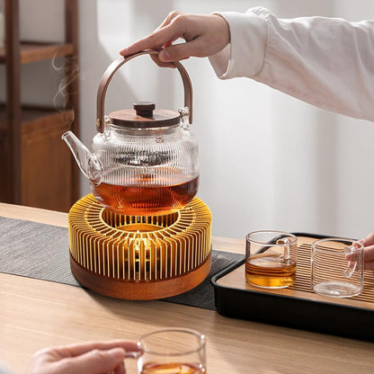 Teapot Warmer, Aluminum Tea Warmer with Wooden Base, Candle Heater for Heating Tea, Coffee, Milk, Food,Camping and Traveling, Universal Teapot Heater (Large-with Wooden Base)